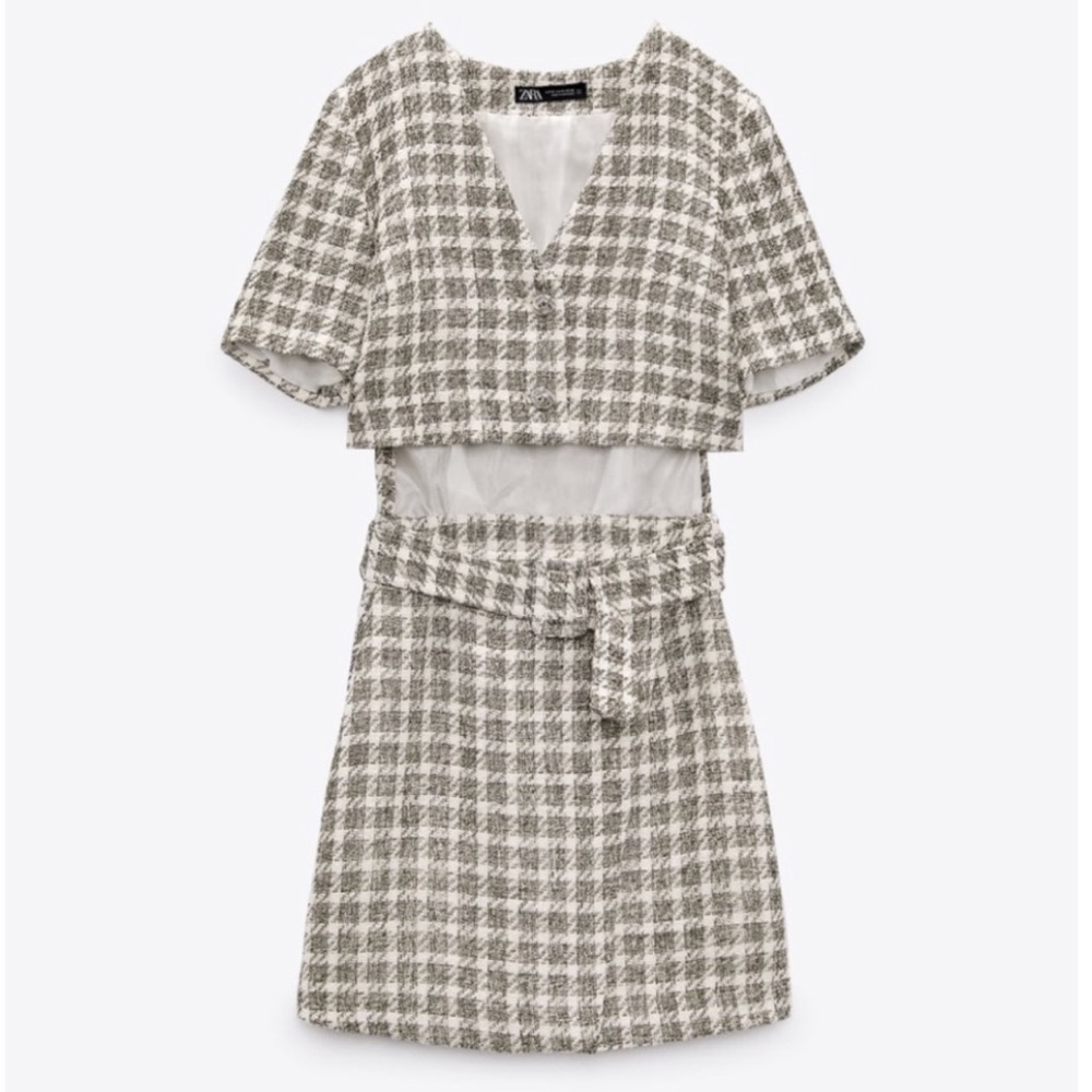 Zara Cut Out Plaid Textured Tweed Dress Set Belted Jewel Buttons NWT Size Small